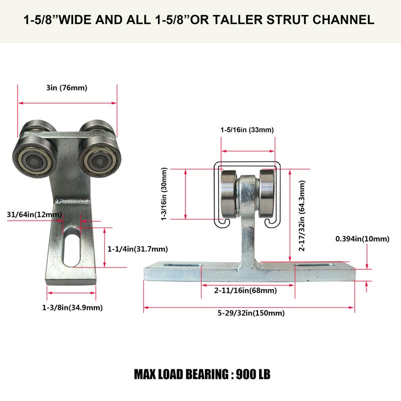 SIWOOD Electric Hoist Installation Roller Trolley 4 Wheel Trolley Assembly Silent for use with 1-5/8"" Wide and All 1-5/8"" or Taller Strut Channel (Silver 2) - Image 2